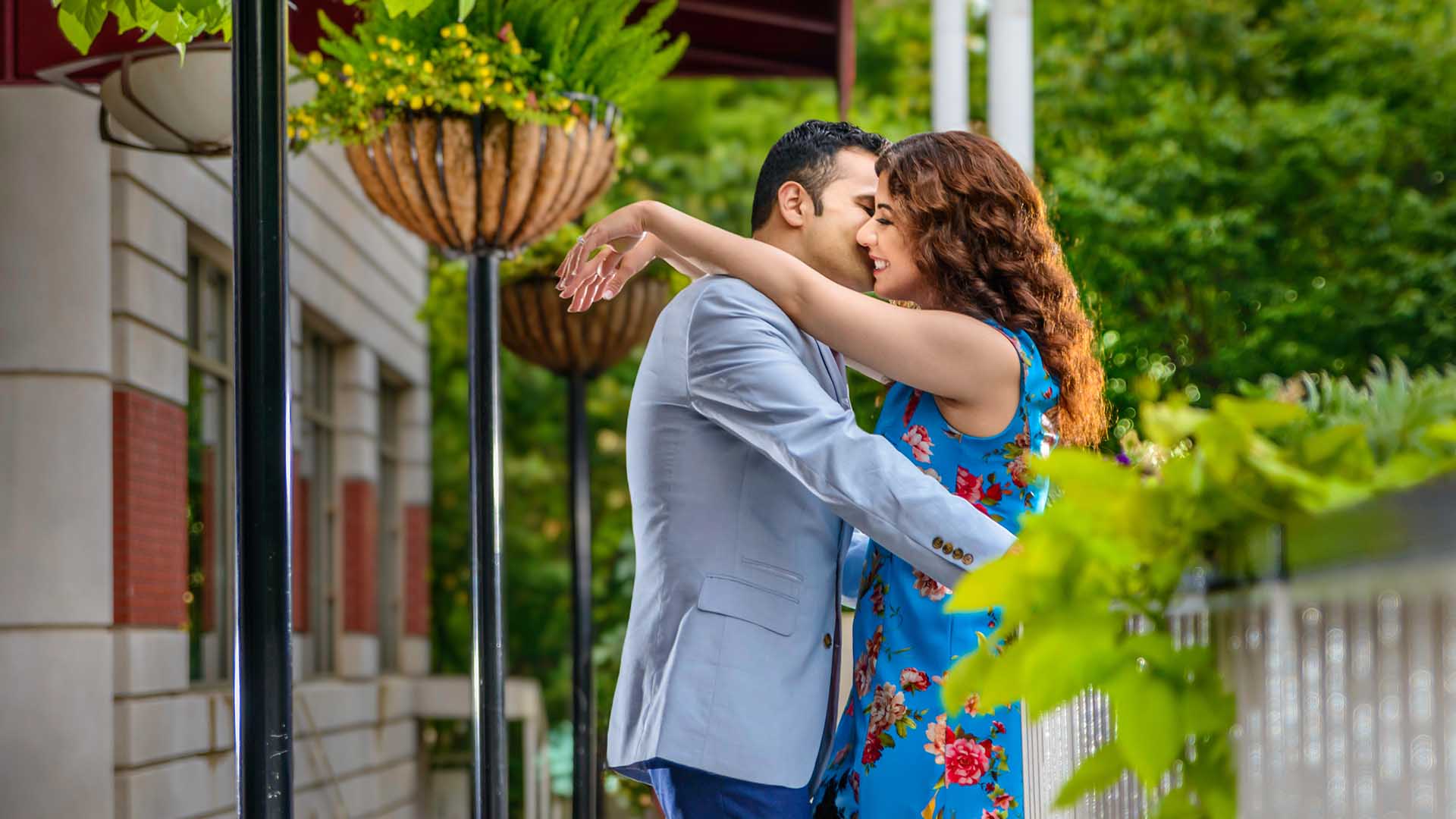 This is an engagement portrait at Centennial Park in Atlanta, GA